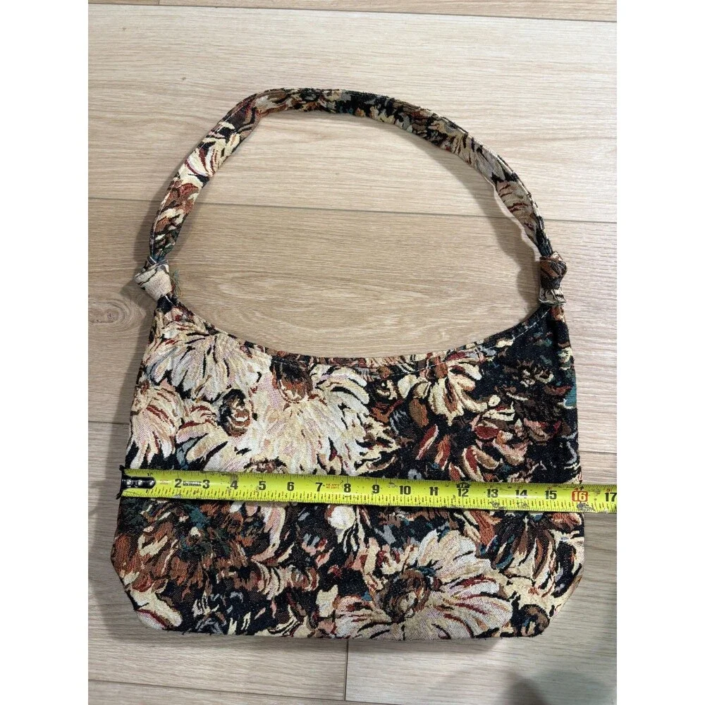 Vintage Floral Tapestry Shoulder Bag Purse Black Brown Hobo 90s Y2K Aesthetic